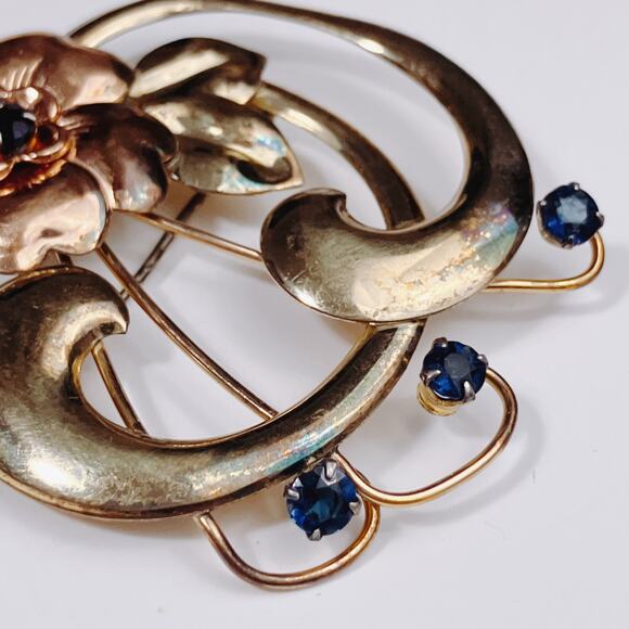 VTG Signed Harry Iskin Mid Century Gold Filled Floral Brooch Blue Rhinestone 40s - Picture 4 of 15